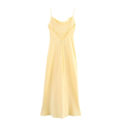 Vestido de Tirantes Elegante para Mujer Mezcla de Ramio Cuello Hamaca Vestido Maxi Verano Espalda Descubierta Ajuste Ceñido Amarillo Pâle