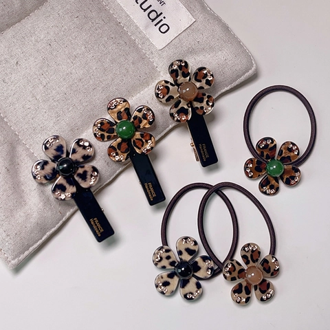 Pinzas Para El Cabello Y Coleteros De Flores De Leopardo Con Pedrería De Acetato De Celulosa Estilo Coreano Para Mujeres Niñas