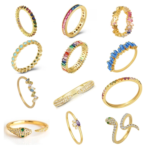 Geometric Zircon Rings Copper Gold Plated Colorful Cubic Zirconia Snake Rainbow Vintage Trendy Fashion Jewelry For Women