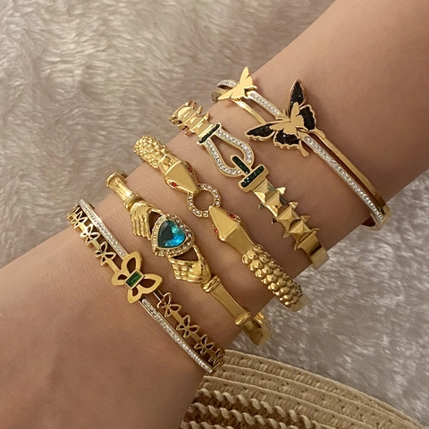Fashion Butterfly Heart Snake Bracelet For Women Gold Plated Stainless Steel Rhinestone Gemstone Open Cuff Bangle Jewelry
