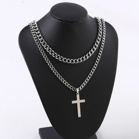 Layered Cross Pendant Necklace Stainless Steel Cuban And Twist Chain Hip Hop Jewelry For Men Women