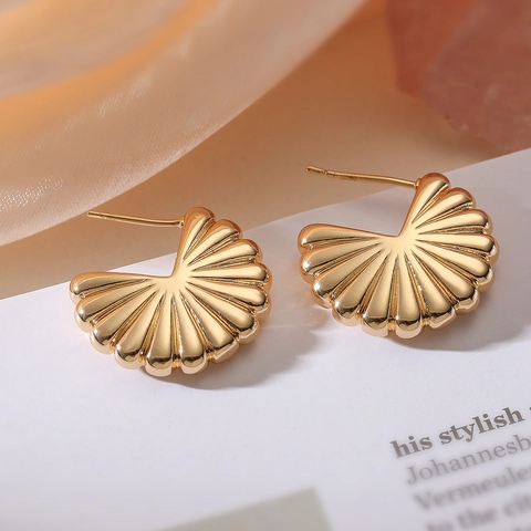 Irregular Geometric Stud Earrings With Copper Earring Post Gold Plated Fan Shell Shaped Retro Fashion Jewelry For Women