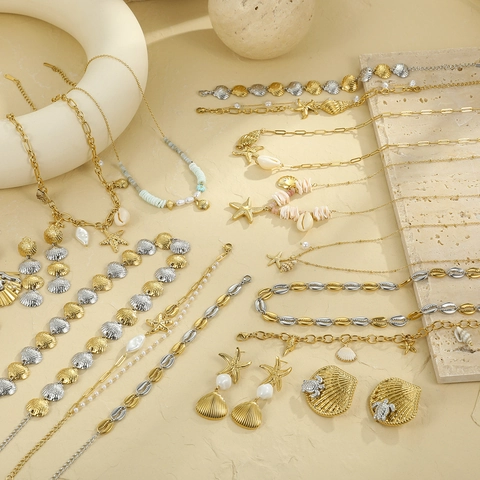 Collana in Acciaio Inossidabile Stile Oceano Conchiglia Stella Marina Tartaruga Ciondolo Strass Perla Artificiale Set di Gioielli da Donna