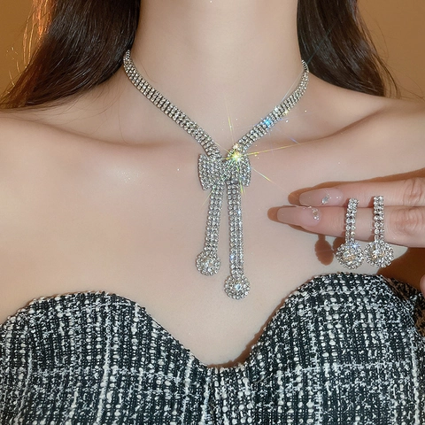Collana Fiocco E Orecchini Geometrici Rame Strass Elegante Lusso Per Donne