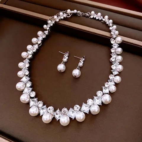 Gioielli Collana E Orecchini In Stile Palazzo Retrò Francese Con Künstliche Perle Sintetiche E Strass Tonalità Argento Per Donna