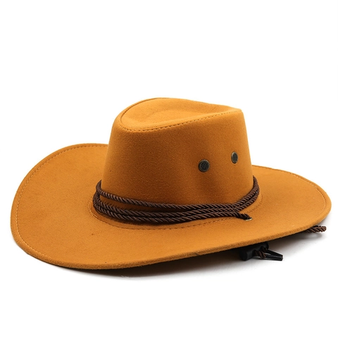 Cappello da Cowboy Western Camoscio Falda Larga Fedora Jazz Hat Con Corda Intrecciata Sottogola Regolabile per Outdoor Viaggi Uomo Donna