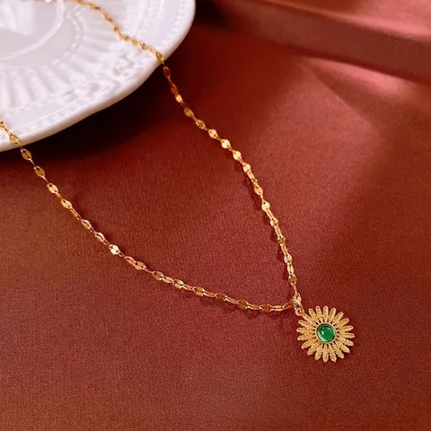 Sunflower Pendant Necklace Stainless Steel Green Resin Stone Vintage Gold Plated Flower Jewelry For Women