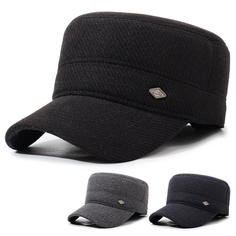 Casquette Cadet Hiver En Laine Pour Hommes Avec Protège-Oreilles Chaude Coupe-Vent Chapeau Militaire Vintage Ajustable