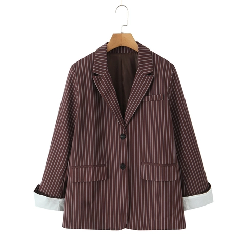 Blazer A Righe Da Donna Poliestere Monopetto Rever A Punta Manica Lunga Abbigliamento Da Ufficio