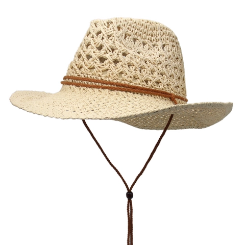 Vintage Western Cowboy Straw Hat Wide Brim Sun Protection Breathable Beach Travel Hat With Adjustable Chin Strap