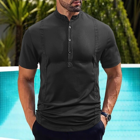 Herren Kurzarm Polohemd Stehkragen Henley Shirt Polyester Einfarbig Lässiges Sommer Oberteil Mit Vertikaler Textur