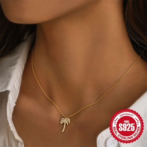 Palmen Anhänger Halskette 925 Sterlingsilber Weißer Zirkon Tropischer Sommerurlaub Stil Vergoldeter Schmuck Für Damen