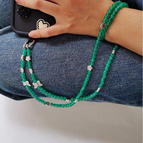 Smaragdgroene Kralen Telefoonkoord Ketting Legering Vlinder Bloem Hangers Retro Chinese Stijl Elegant Multifunctioneel Accessoire Voor Dames