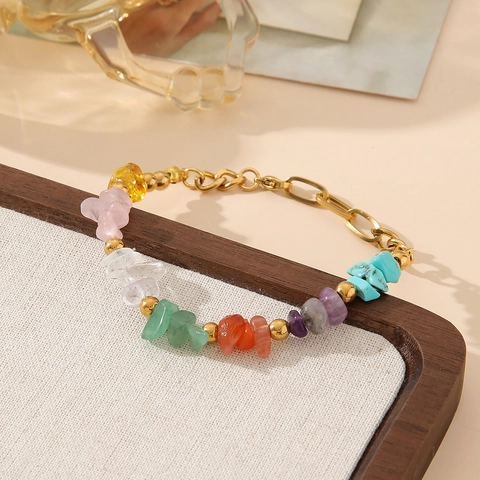 Bracciale Boho Con Pietre Naturali Colorate E Perline In Acciaio Inossidabile Dorato Regolabile Per Donna