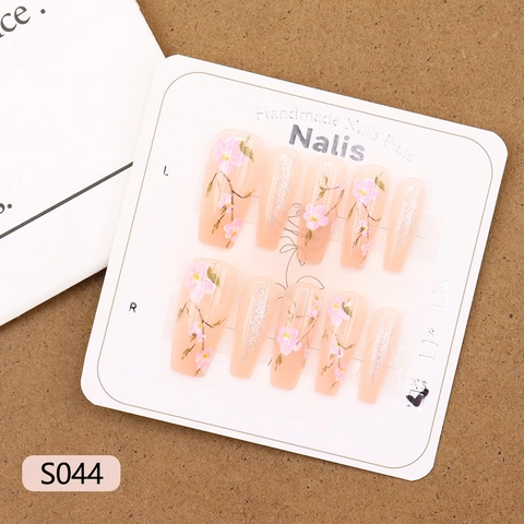 Handmade Press On Nails Long Coffin Pink Cherry Blossom Floral Silver Glitter Sweet Fresh Style For Women DIY Manicure