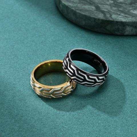 Stainless Steel Tire Pattern Ring For Men Embossed Mechanical Design Dual Tone Hip Hop Industrial Style Jewelry