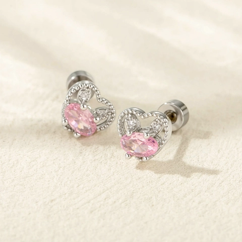 Pink Heart Rabbit Cartilage Stud Earring Titanium Steel Zircon Screw Back Piercing Jewelry For Women
