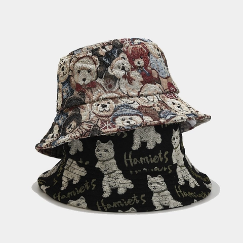 Cappello Alla Pescatora Con Motivo Cartoon Cane Orsetto Tessuto Jacquard Protezione Solare Casual Testa Piatta Unisex