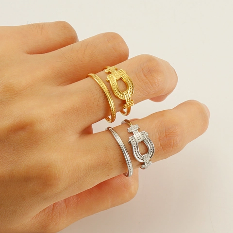 Stainless Steel Adjustable Ring Horseshoe Belt Buckle Double Layer Millgrain Bead Edge Geometric Fashion Jewelry Women