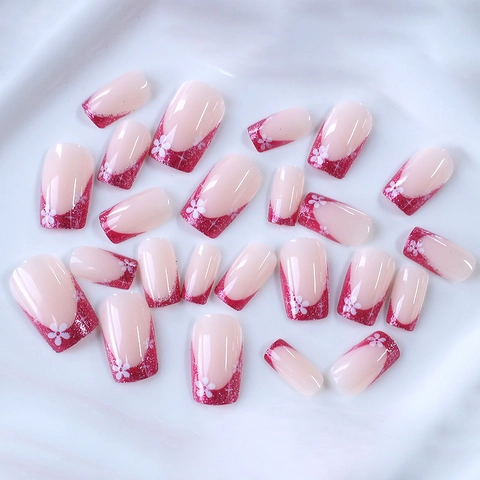 French Press On Nails Pink Glitter White Flower Pattern Square Round Medium Length False Nails For Women