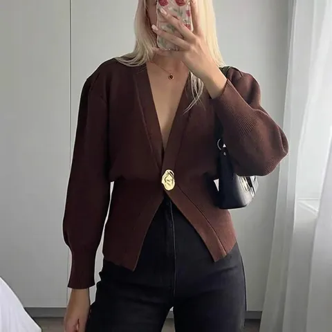 Cárdigan De Punto Para Mujer Con Cuello En V Manga Larga Color Sólido Chic Botón De Metal Dorado Elegante Top
