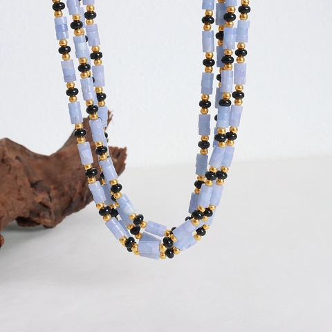 Collier Bohème en Pierre d'Aigue-marine Naturelle Cylindrique Perlé Acier Titane Agate Noire Bijoux pour Femmes