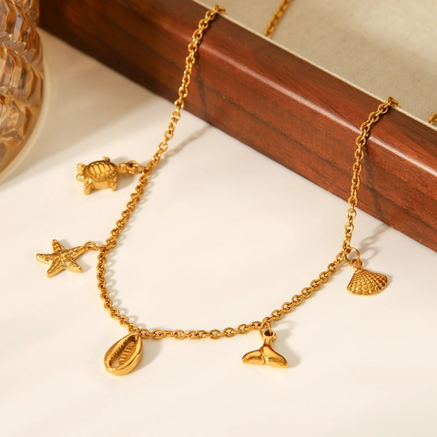 Collana Tema Oceano In Acciaio Inossidable Per Donna Placcata Oro Pendenti Tartaruga Stella Marina Conchiglia