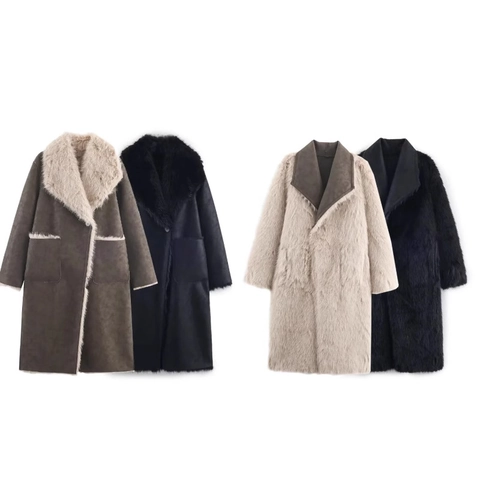 Abrigo Largo De Piel Sintética Y Gamuza Para Mujer Reversible Invierno Cálido Solapa Color Sólido