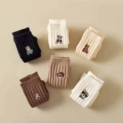 Women Japanese Style Bear Embroidery Mid-Calf Socks Thick Ribbed Winter Warm Cotton Blend Crew Socks Casual Fashion Stockings