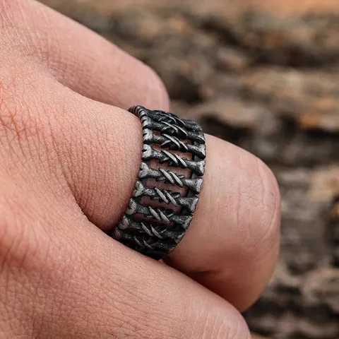 Skeletal Bone Ring Stainless Steel Vintage Gothic Punk Oxidized Finish Nordic Style Jewelry For Men