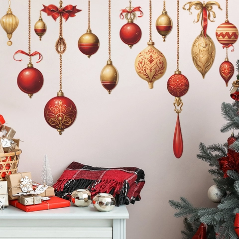 Weihnachts Wandtattoo Fensterbilder PVC Selbstklebend Rot Gold Kugeln Festliche Hausdekoration