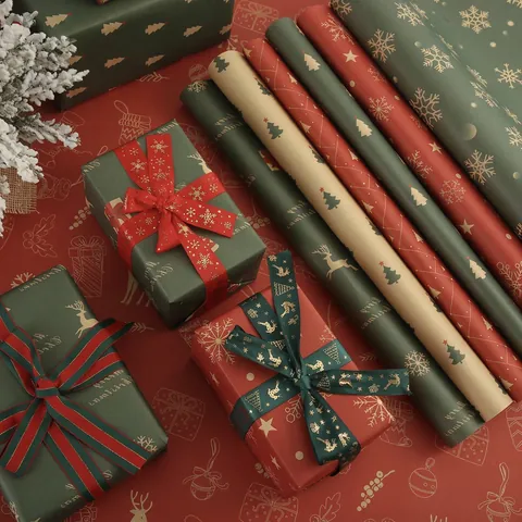Christmas Gift Wrapping Paper Kraft Waterproof Material Snowflake Reindeer Tree Patterns Holiday Party DIY Packaging
