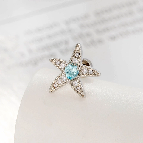 Zeester Hart Kraakbeen Oorknopje Koper Zirkoon Titanium Staal Schroefsluiting Piercing Sieraden Voor Dames Oceaan Blauw Zilver