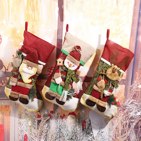 Burlap Christmas Stocking Gift Bag With 3D Santa Claus Snowman Reindeer Doll Holiday Tree Hanging Ornament Candy Bag Decor