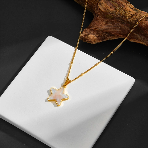 Collar De Acero Inoxidable Chapado En Oro Con Colgante De Estrella E Incrustación De Nácar Blanco Cadena De Clavícula Elegante