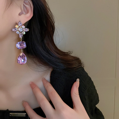 Vintage Purple Flower Teardrop Dangle Earrings Copper Rhinestone Crystal 925 Sterling Silver Earring Post Elegant Women