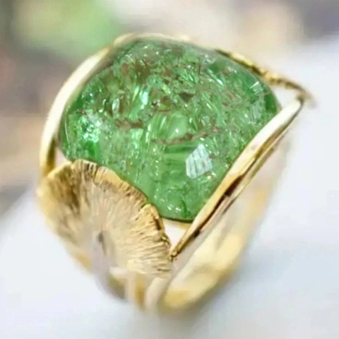 Vintage Ginkgo Leaf Ring Square Green Resin Gemstone Copper Jewelry Pastoral Aesthetic For Women