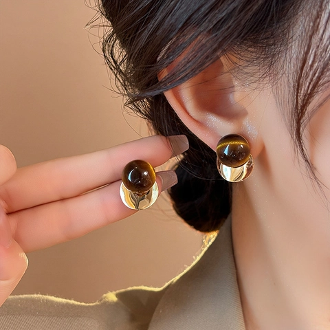 Französische Retro Runde Ohrstecker Mit Tigerauge Harz Und 925 Sterling Silber Ohrstecker Minimalistischer Schmuck Damen