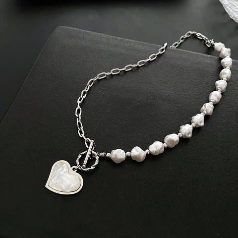 Titanstahl Herz Anhänger Spleißkette Für Damen Leichter Luxus Künstliche Perlenkette OT Knebelverschluss Choker Schmuck