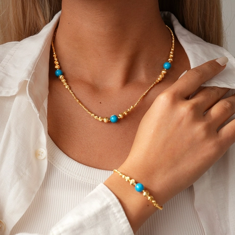 Beaded Necklace And Bracelet 18K Gold Plated Copper Stone Beads Geometric Heart Charm Adjustable Vintage Jewelry For Women