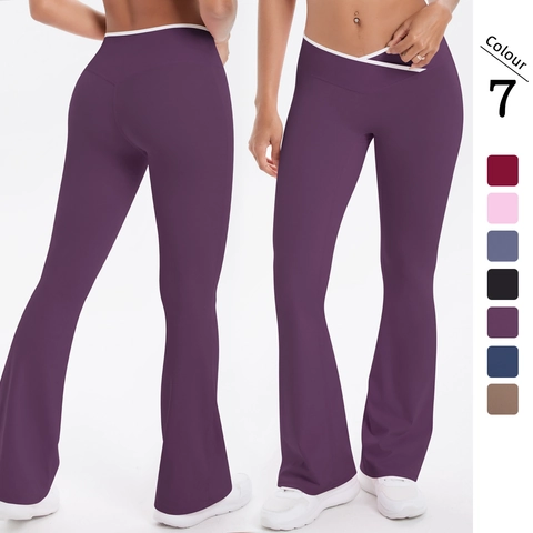 Damen Flare Yoga Hose Mit Hoher Taille Überkreuztem Bund Nylon Elasthan Schmale Passform Schlaghose Leggings