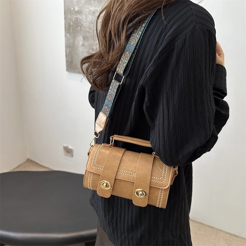 Vintage PU Leather Cylinder Boston Crossbody Bag With Ethnic Wide Strap Rivet Decor Double Twist Lock For Women