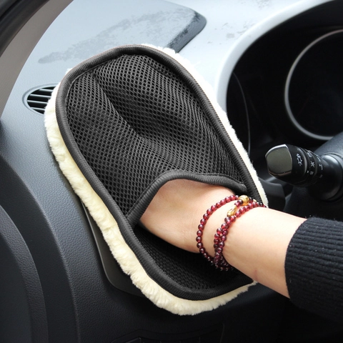 Double Sided Car Wash Glove Faux Wool Polishing Waxing Mitt Mesh Waterproof Lining Scratch Free Cleaning Tool For Vehicle