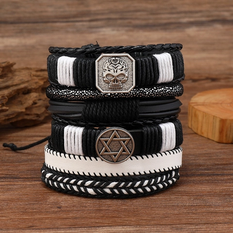 Bracelet Homme Multicouche Cuir Tressé Alliage Crâne Hexagramme Ajustable Bijoux Accessoire Style Punk Unisexe