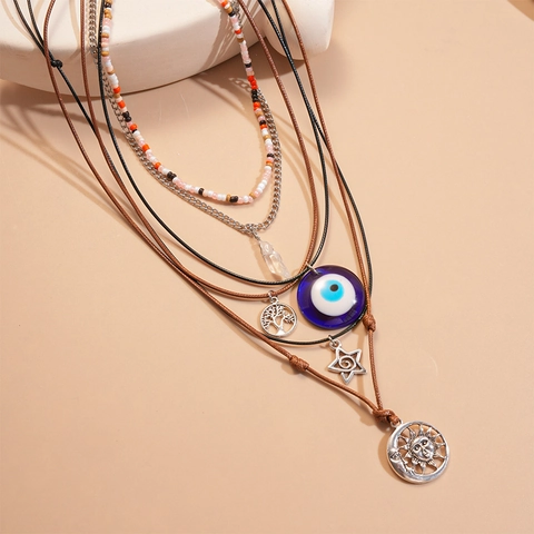 Ensemble De Colliers Multicouches Bohème Femmes Alliage Mauvais Oeil Soleil Lune Arbre De Vie Pendentifs Bijoux
