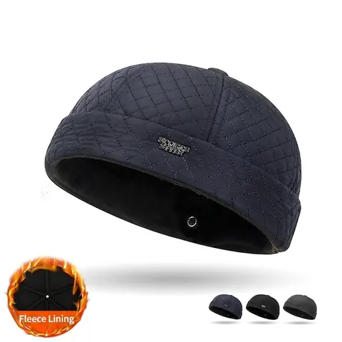 Men's Winter Warm Docker Hat Brimless Quilted Polyester Cap Fleece Lined Adjustable Sports Style Solid Color Casual