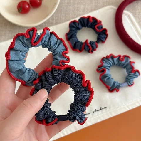 Denim Fabric Scrunchies Korean Style Ruffle Edge Hair Ties High Elastic Sweet Fashion Accessories For Women