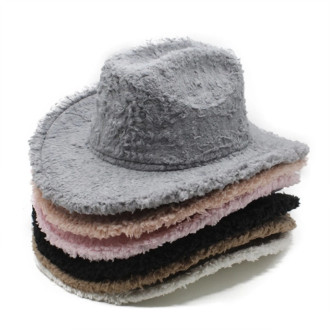 Chapeau De Cowboy Occidental Peluche Laine D'agneau Bord Large Fedora Hiver Chaud Mode Pour Femmes Hommes Unisexe