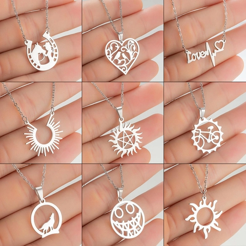 Collana In Acciaio Inossidabile Con Pendente Traforato Lupo Sole Battito Cardiaco Bicicletta Gioielli Vintage Per Donna Stile Minimalista