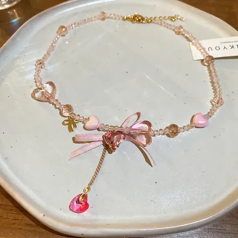 Süße Rosa Harzperlenkette Mit Bandschleife Und Herzanhänger Für Frauen Mädchen Y2K Ästhetischer Schmuck